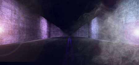 Smoke Fog Steam Asphalt Double Lined Road Track Night Dark Purple Blue Glowing Flares Concrete Grunge Walls Rough Background 3D Rendering Illustrationの写真素材