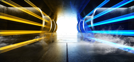 Smoke Concrete Columns Virtual Elegant Modern Tunnel Corridor Neon Lights Vibrant Yellow Blue Dark Hall Garage Underground Club Background 3D Rendering Illustrationの写真素材