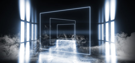 Smoke Fog Sci Fi Virtual Glowing Neon Futuristic Studio Stage Podium Empty Reflective Blue Glowing Lights Grunge Concrete Floor Dark Hall Room Corridor 3D Rendering Illustrationの写真素材