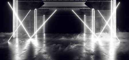 Smoke Spaceship Virtual Futuristic Sci Fi Neon Glowing Fluorescent Track White Corridor Path Gate Tunnel Gallery Light Lines Triangle Shaped Underground Grunge Concrete Glossy Dark 3D Rendering Illustratiionの写真素材