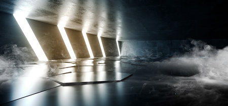 Smoke Concrete Columns Asphalt Dark Purple Pink White Glow Vibrant Reflections Grunge Garage Underground Tunnel Corridor Hallway Spaceship Empty 3D Rendering Illustrationの写真素材