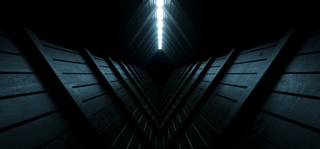 Concrete Cement Sci Fi Futuristic Dark Abstract Alien Spaceship Tunnel Corridor Blue White LIghts Empty Background Underground 3D Rendering Illustrationの写真素材