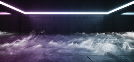 Smoke Virtual Neon Lights Sci Fi Concrete Glowing Blue Purple Retro Elegant Refelctive Concrete Empty Dark Vibrant Studio Club Ship 3D Rendering Illustrationの写真素材