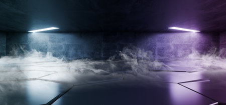Smoke Fog Virtual Neon Lights Laser Show Purple Blue Retro Underground Hallway Entrance  Club Background Reality Glowing Beams 3D Rendering Illustrationの写真素材