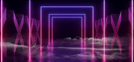 Smoke Purple Blue Dark Vibrant Neon Fluorescent Rectangle Shaped Sci Fi Futuristic Track Path Grunge Concrete Cross Shaped Glossy Reflective Floor Underground Garage Black Psychedelic Pattern 3D Rendering Illustrationの写真素材