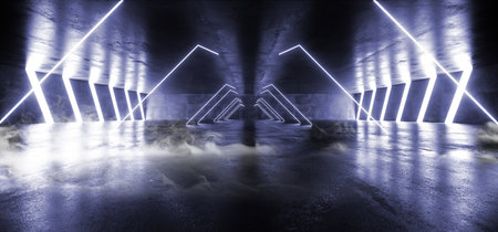 Smoke Fog Sci Fi Futuristic Virtual Graphic Neon Lights Beam Laser Blue Purple Glowing VIbrant Tunnel Concrete Corridor Underground Spaceship 3D Rendering Illustrationの写真素材