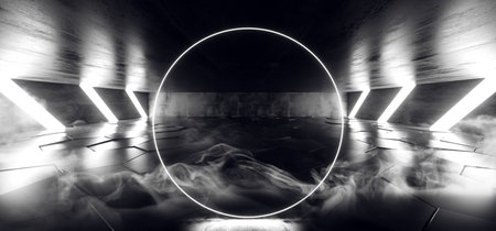 Smoke Future Circle Sci Fi Futuristic Neon Light Glowing White Tiled Hexagon Floor Concrete Grunge Dark Room Virtual Hallway Club Studio 3D Rendering Illustrationの写真素材