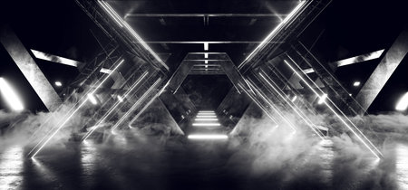 Smoke Fog Futuristic Sci Fi Concrete Triangle Columns Construction Stage Tunnel Alien Spaceship Corridor Dark Night Led Laser White Lights Glowing 3D Rendering Illustrationの写真素材