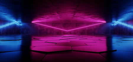 Future Dark Sci Fi Underground Neon Glowing Laser Blue Purple Lights  Garage Tunnel Studio Asphalt Reflective Tiled Floor Hall Windows Empty Corridor 3D Rendering Illustrationの写真素材