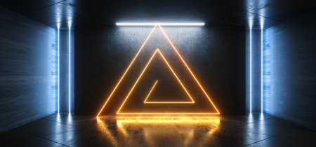 Sci Fi Modern Realistic Laser Glowing Neon Orange Blue Triangle Led Tube Lights On Wood Cement Concrete Room Hangar Empty Dark Space Background 3D Rendering Illustrationの写真素材