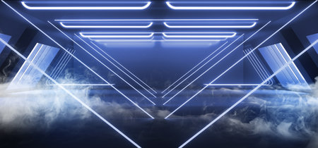 Smoke Fog Fluorescent Vibrant Neon Futuristic Sci Fi Glowing Blue Virtual Triangle Cyber Tunnel Concrete Grunge Floor Room Hall Studio Stage Empty Space Background 3D Rendering Illustrationの写真素材