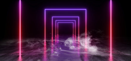 Smoke Purple Blue Vibrant Neon Fluorescent Rectangle Shaped Sci Fi Futuristic Track Path Grunge Concrete Glossy Reflective Floor Underground Garage Black Psychedelic Pattern 3D Rendering Illustrationの写真素材