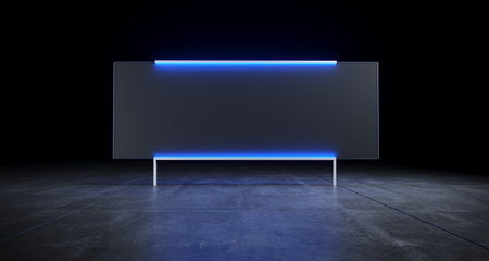 Futuristic Sci Fi Concrete Floor With Blue Strips Lighted Frozen Glass On Both Sides With Empty Space For Text Inside Billboard Like Concept 3D Rendering Illustrationの写真素材