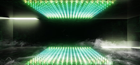 Smoke Vibrant Neon Glowing Rectangle Matrix Dot Shaped Fluorescent Green Yellow Virtual Sci Fi Futuristic Stage Club Room Hall Dark Empty On Reflective Glossy Floor 3D Rendering Illustrationの写真素材