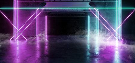 Smoke Spaceship Virtual Futuristic Sci Fi Neon Glowing Fluorescent Track Purple Blue Pink Corridor Path Gate Tunnel Gallery Light Lines Triangle Shaped Underground Grunge Concrete Glossy Dark 3D Rendering Illustrationの写真素材