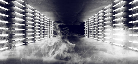 Sci Fi Futuristic Modern Alien Ship Dance Light Room Gallery Hall With Neon Glowing White Light Tubes Dark Smoke Fog Room Empty Space For Text 3D Rendering Illustrationの写真素材