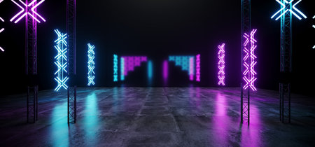 Futuristic Sci Fi Modern Retro Neon Glowing Cross Shaped Blue And Purple Lights On Stage Construction On Black Background With Grunge Concrete Reflection Floor Background 3D Rendering Illustrationの写真素材