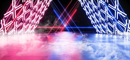 Smoke Sci Fi Asphalt Futuristic Triangle Stage Empty Metal Construction Structure Tunnel Underground Show Neon Glowing Laser Led Vibrant Purple Blue Grunge Concrete Virtual 3D Rendering Illustrationの写真素材