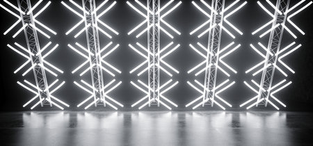 Dark Empty Sci Fi Modern Futuristic White Cross Shaped Neon Led Glowing Lights On Grunge Concrete...