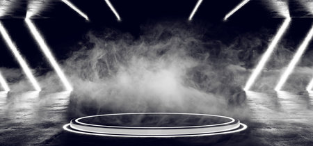 Modern Futuristic  Led Lighted Circle Stage Podium In Dark Smoke Fog Room With  Led Laser Stripped Glowing Lights On Grunge Reflective Concrete 3D Rendering Illustrationの写真素材