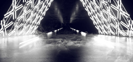 Smoke Sci Fi Asphalt Futuristic Triangle Stage Empty Metal Construction Structure Tunnel Underground Show Neon Glowing Laser Led White Grunge Concrete Virtual 3D Rendering Illustrationの写真素材