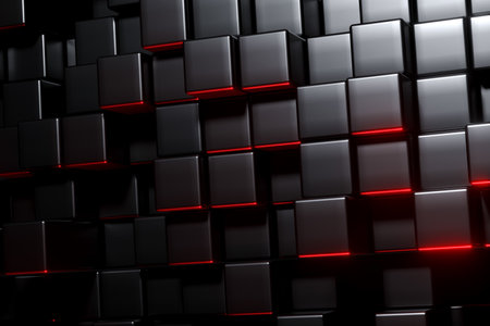 3D Rendering Of A Black Cubes With Red Blooming Light Backgroundの写真素材