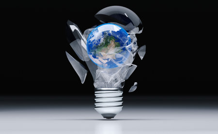 3D Rendering Of Realistic Broken Classic Light Bulb With Earth Globe Inside On White Backgroundの写真素材