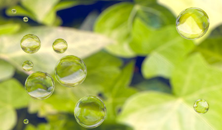 3D Rendering Of Water Drops On Green Leaves Background