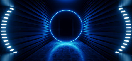 Neon Dark Stage Construction Glow Blue Retro Modern Sci Fi Futuristic Future Tunnel Corridor Hallway Grunge Concrete Reflection Shapes Fluorescent Lasers 3D Rendering Illustrationの写真素材