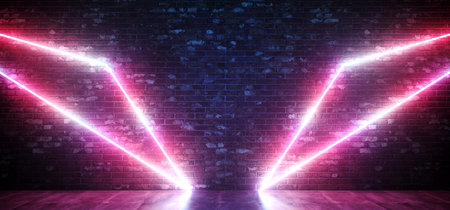 Sci Fi Neon Wing Abstract Shaped Glowing Pink Purple  Triangle Lights On Grunge Brick Wall And Reflective Concrete Floor Background Club Laser 3D Rendering Illustrationの写真素材
