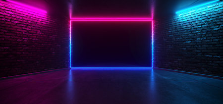 Futuristic Dance Club Neon Glowing Purple Blue Pink Retro Elegant Empty Stage Room With Reflective...