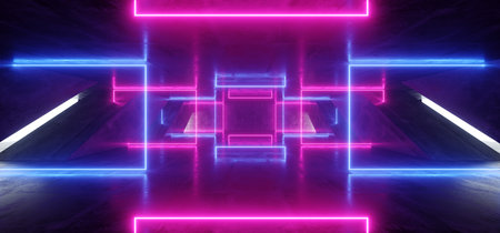 Neon Lights Background Purple Blue Vibrant Lasers Stage Show Underground Garage Hall Tunnel Corridor Cement Concrete Grunge Reflections Dark Empty Abstract Space Ship 3D Rendering Illustrationの写真素材