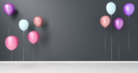 Flying Colorful Baloons In Empty Room With Space Between. 3D Renderingの写真素材