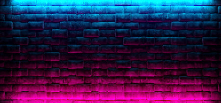 Modern Futuristic Neon Club Purple And Blue Lighted Empty Space Old Grunge Stone Bricked Detailed Wall In Room Wallpaper Background 3D Rendering Illustrationの写真素材