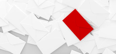 3D Rendering Of Pile Of Mail Letters With One Red On Topの写真素材