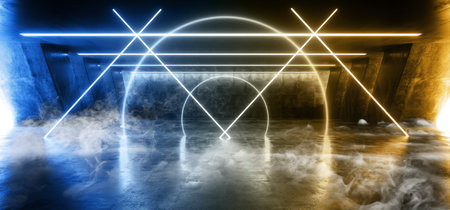 Smoke Sci Fi Fluorescent Vibrant Circle Shaped Neon Glowing Blue Yellow Lights In Huge Dark Cement Concrete  Grunge Underground  Garage Reflections Alien Spaceship Future Arch 3D Rendering Illustrationの写真素材