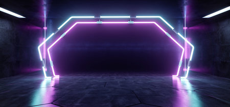 Neon Spectrum Retro Sci Fi Modern Spaceship Arc Shaped Fluorescent Laser Lights Red Purple Blue Reflective Grunge Concrete Room Tunnel Hall Garage 3D Rendering Illustrationの写真素材