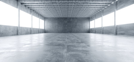 Modern Huge Concrete Material Empty Hall With Many Columns And Big White Glowing Windows Wallpaper...