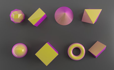 Set of 3d render realistic primitives on white background.  Spheres, torus, tubes, cones and other...