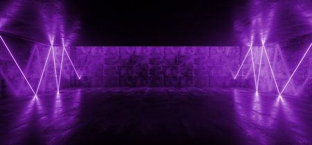 Chaotic Laser Fluorescent Retro Sci Fi Futuristic Neon Glowing Purple Cyber Luminous Vibrant Lights In Dark Empty Stage Show Underground Garage Room Hall Tunnel Corridor Grunge Concrete 3D Rendering Illustrationの写真素材
