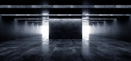 Grunge Concrete Background Hall Garage Gallery Room Tunnel Corridor Underground Rough Reflective Texture With Columns And Glowing White Bright Light Empty Space 3D Rndering Illustrationの写真素材