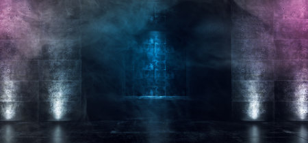 Dark Empty Neon Glowing Purple Blue Concrete Grunge Room Hall With Smoke Fog And Reflections Dramatic Elegant Sci Fi Futuristic 3D Rendering Illustrationの写真素材