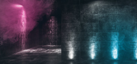 Dark Empty Neon Glowing Purple Blue Concrete Grunge Room Hall With Smoke Fog And Reflections Dramatic Elegant Sci Fi Futuristic 3D Rendering Illustrationの写真素材