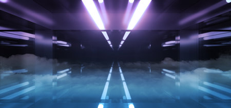 Futuristic Led Glowing Reflection Tunnel Room With Smoke And Fog Empty Space For Text Sci Fi Elegant Alien Ship Background Hi Tech 3D Rendering Illustrationの写真素材