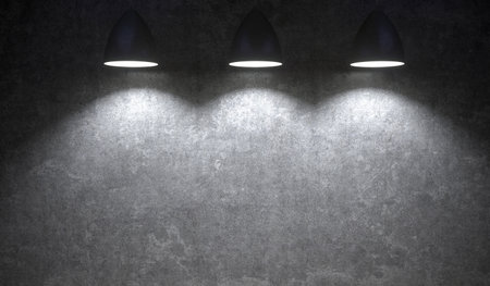 3D Rendering Of Lights Hanging In Front Of Concrete Wall And Lighting Down With Empty Space For Textの写真素材