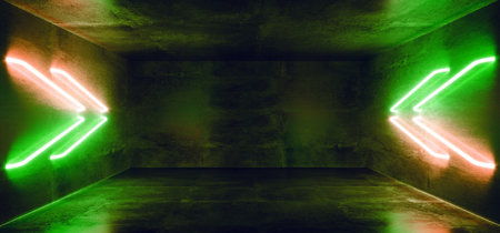 Futuristic Sci-Fi Modern Spaceship Club Party Dark Concrete Room With Arrow Shaped Green Orange Glowing Neon Tubes 3D Rendering Illustrationの写真素材