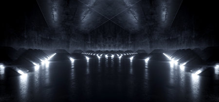 Dark Empty Sci Fi Futuristic Modern Alien Ship Corridor Tunnel Grunge Concrete Material And White Led Lights With Reflections Background Concept 3D Rendering Illustrationの写真素材