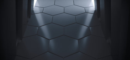 3D Rendering Of Abstract Realistic Hexagonal Floor Tiles Dark Backgroundの写真素材