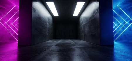 Neon Cyber Sci Fi Futuristic Modern Retro Led Laser Dance Lights Arrow Shaped Blue Pink Purple Lights On Reflective Grunge Concrete Dark Empty Room Corridor 3D Rendering Illustrationの写真素材