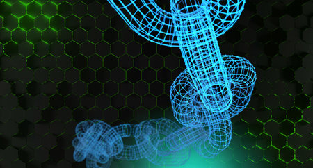 3D Rendering Of Blue Glowing Chains On Dark Background With Abstract Hexagon Grid Blockchain...
